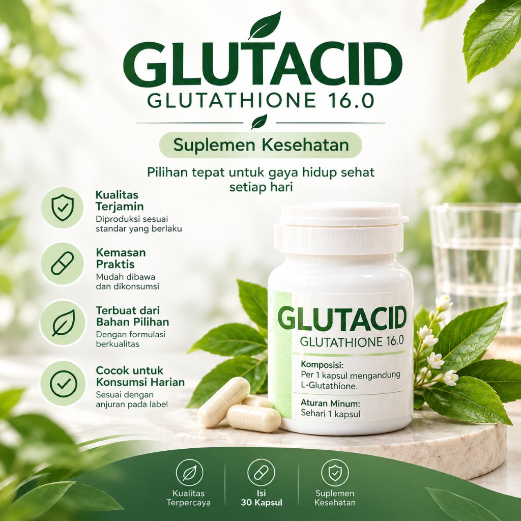 GLUTACID Glutathione 16.0 Isi 30 Kapsul | Informasi Komposisi dan Aturan Konsumsi Sesuai Label Kemas