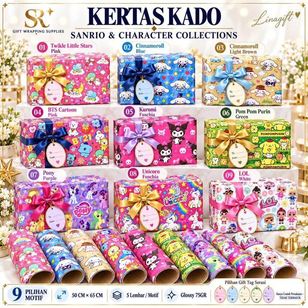 Sr Sanrio ( 5 Lembar ) - Kertas Kado Glosy - Gift Wrap Paper Kero Kero Keroppi My Melody