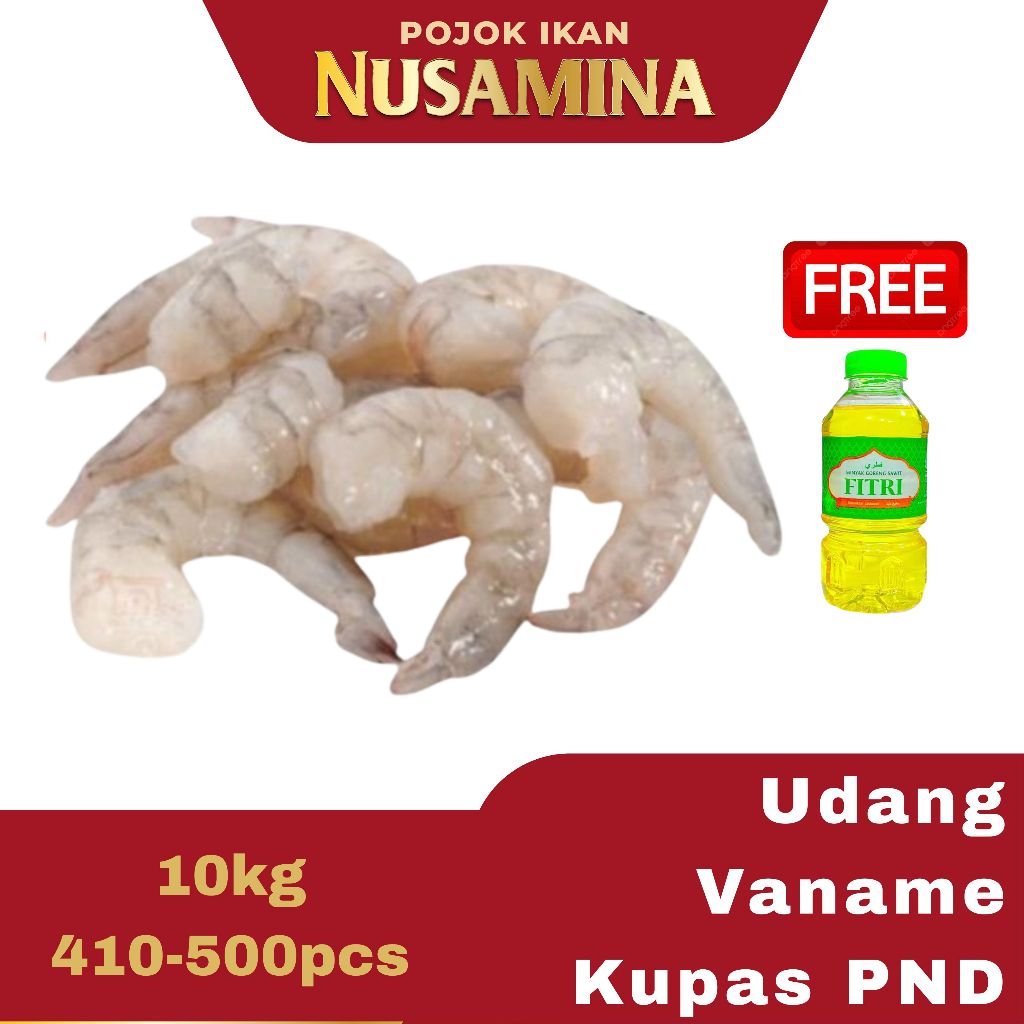 

Nusamina Udang Vaname Kupas Bersih Segar Frozen [41-50 pcs]/1Kg GRATIS MINYAK GORENG