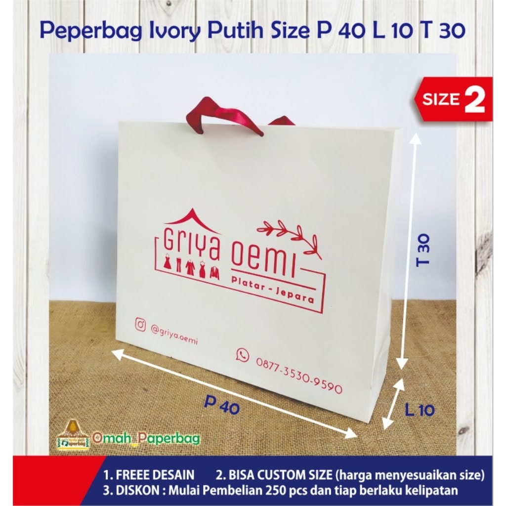 Paper bag custom desain dan ukuran (size P40xL10xT30) cetak sablon / paper bag fashion / paper bag b
