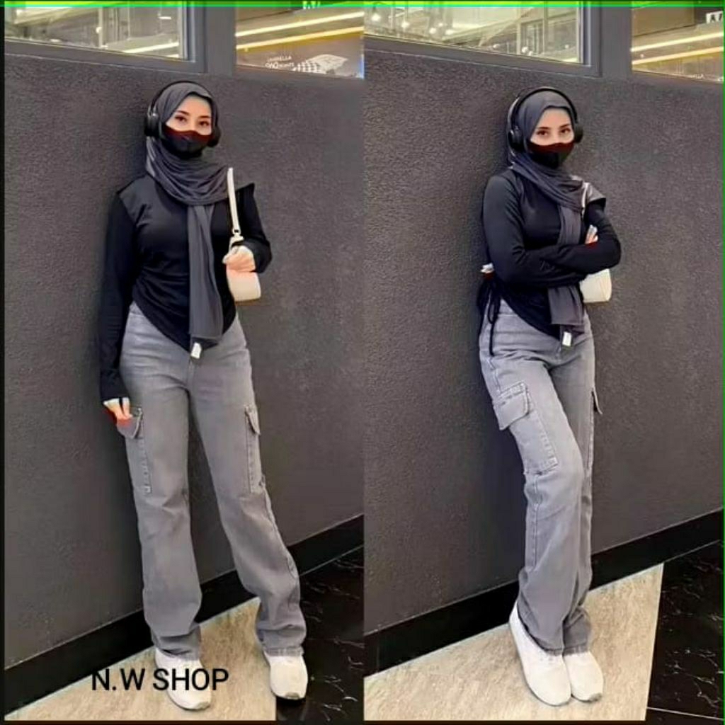 Cargo Jeans Highwaist Loose Baggy Pants - Celana Jeans Wanita - Highwaist Cargo Jeans