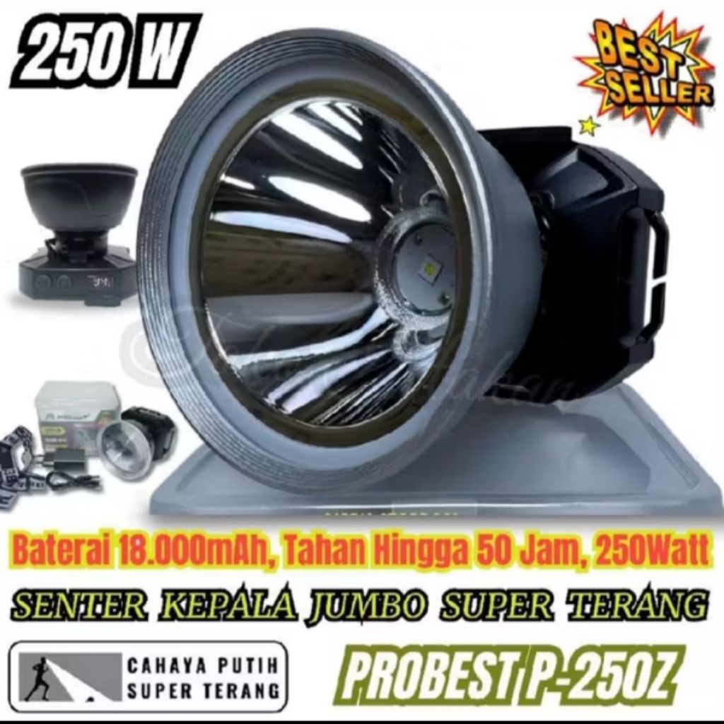 probest p-250z senter kepala 250watt cahaya putih senter kepala zoom led laser tahan 50jam