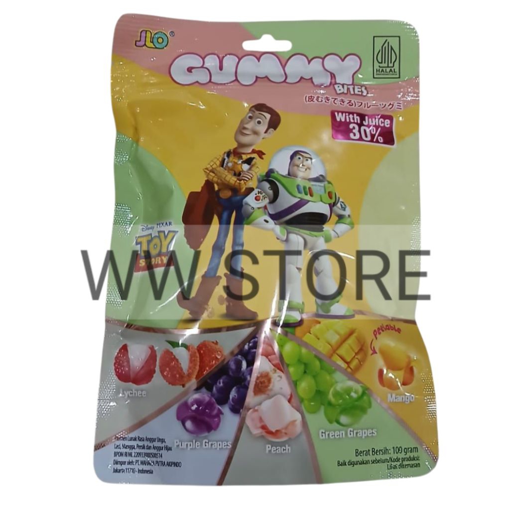 

Permen kembang gula lunak rasa buah anggur leci mangga persik halal MUI JLO Peelable GUMMY BITES 100g