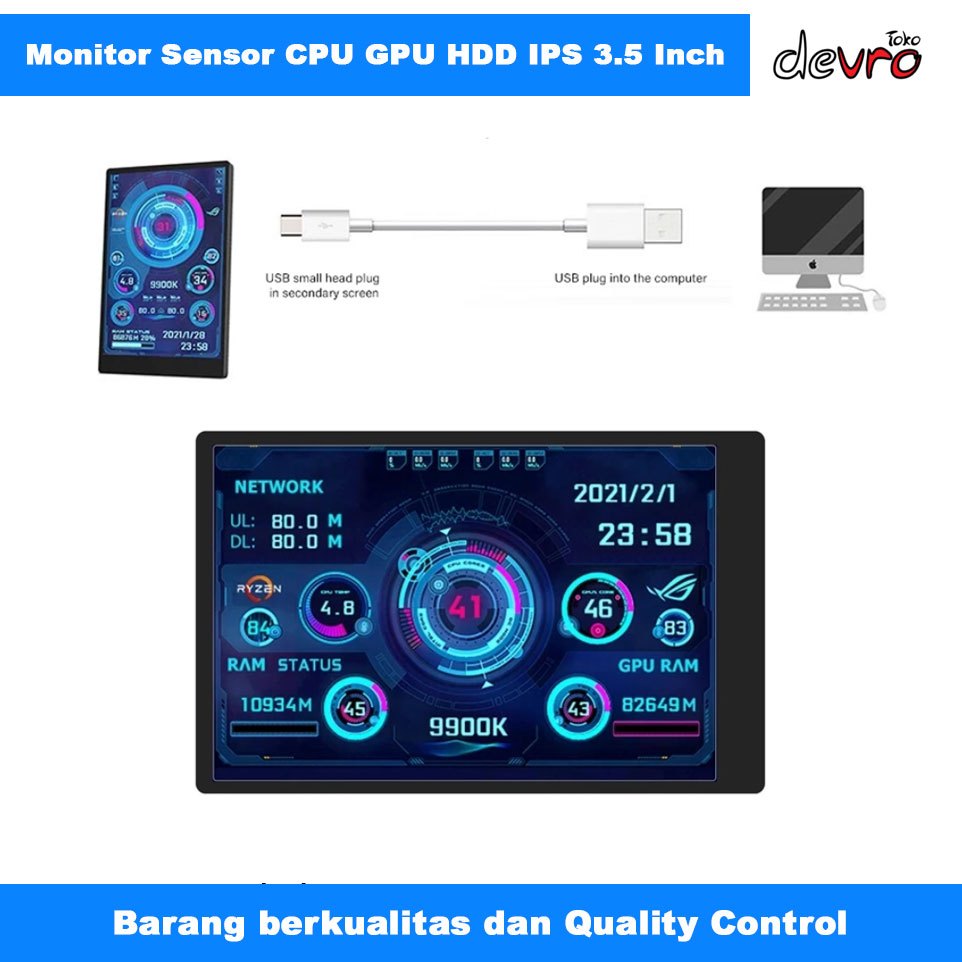 Monitor PC Komputer - Second Screen Monitor Sensor CPU GPU HDD Panel IPS 3.5 Inch - HLFEC HL-3