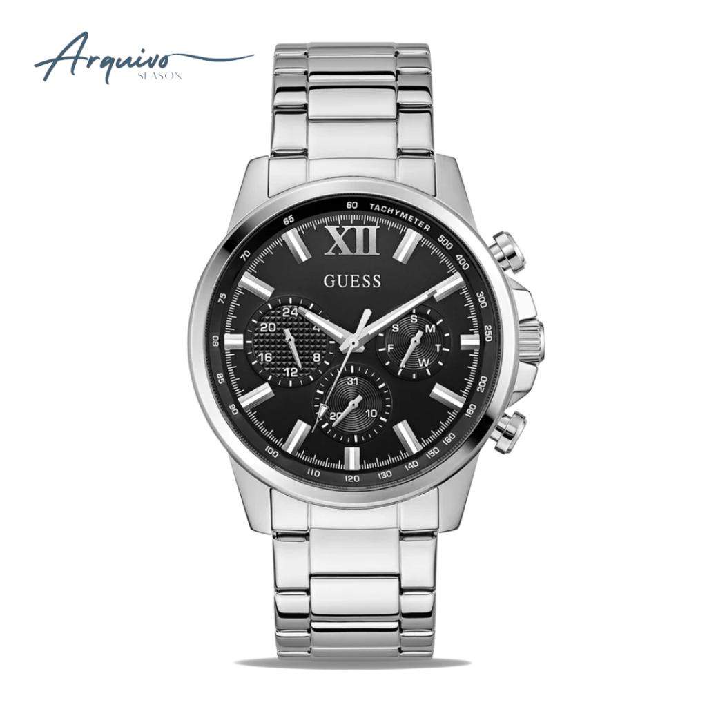 Jam Tangan Pria Guess Walker Chronograph Silver Stainless Steel Black Sunray Dial Mewah Sporty Origi