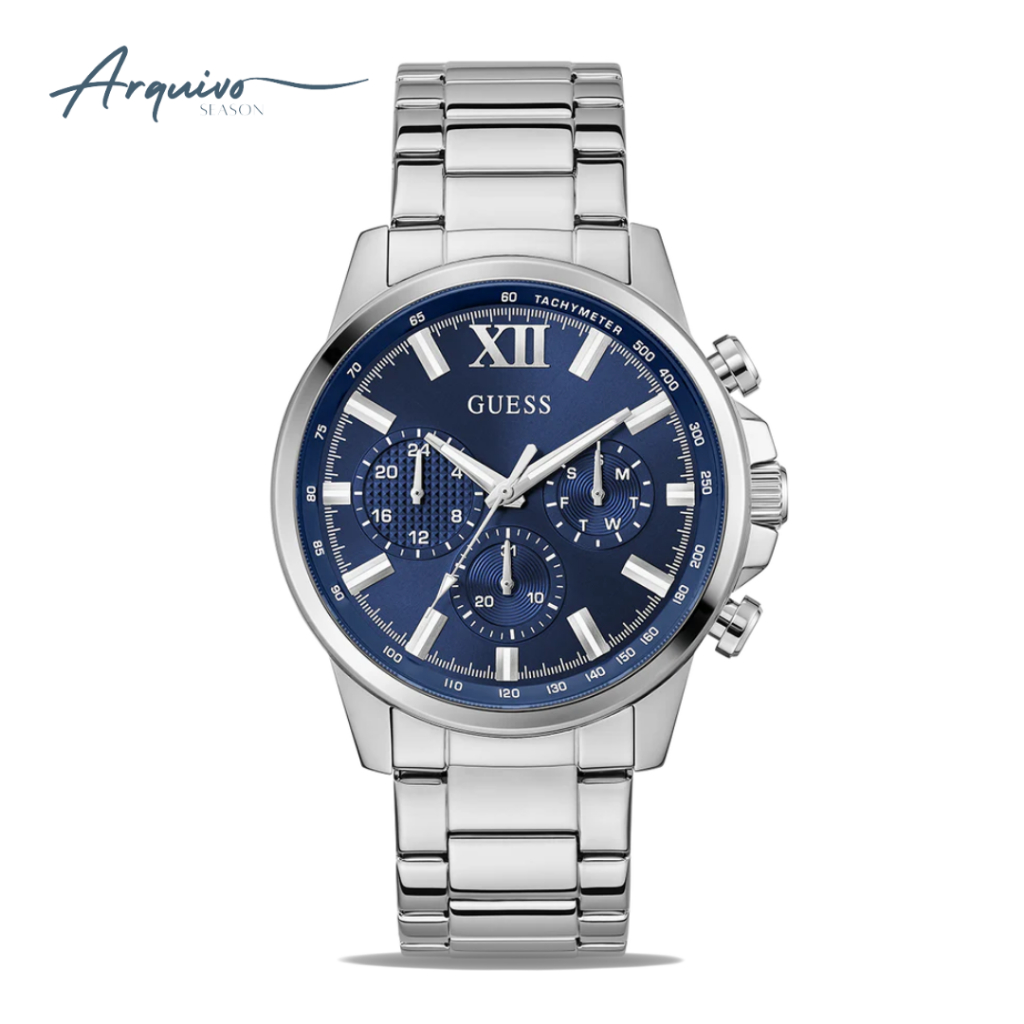 Jam Tangan Pria Guess Walker Chronograph Silver Stainless Steel Blue Dial Mewah Sporty Original GW09