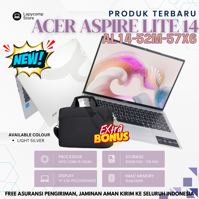 Laptop Bisnis Terbaru Acer Lite AL14-52M-57X6 Intel i5-1334U RAM 16GB DDR5 SSD 512GB 14"IPS Free Tas