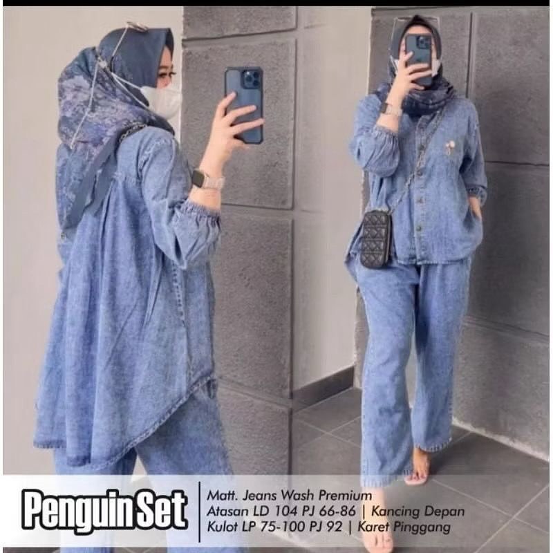 Baju Setelan Wanita Jumbo Penguin Set WD Size M L XL XXL XXXL LD 100-130 CM Bahan Jeans Wash Setelan