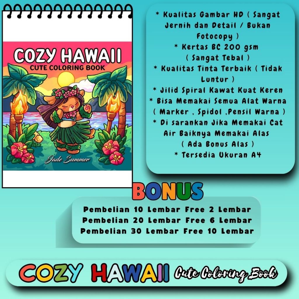 

COZY HAWAII Cute Coloring Book Buku Mewarnai Tema Bagus Kertas Premium Tebal 200 gsm Gambar Jelas Jernih HD Jilid Spiral Kawat