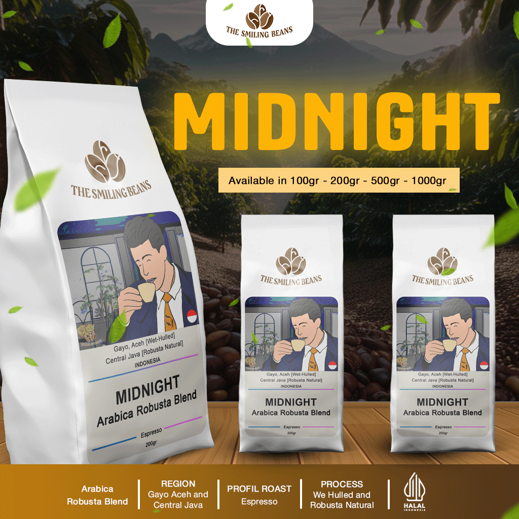 

MIDNIGHT I THE SMILING BEANS I ARABICA ROBUSTA BLEND I ROASTED BEANS - BIJI KOPI
