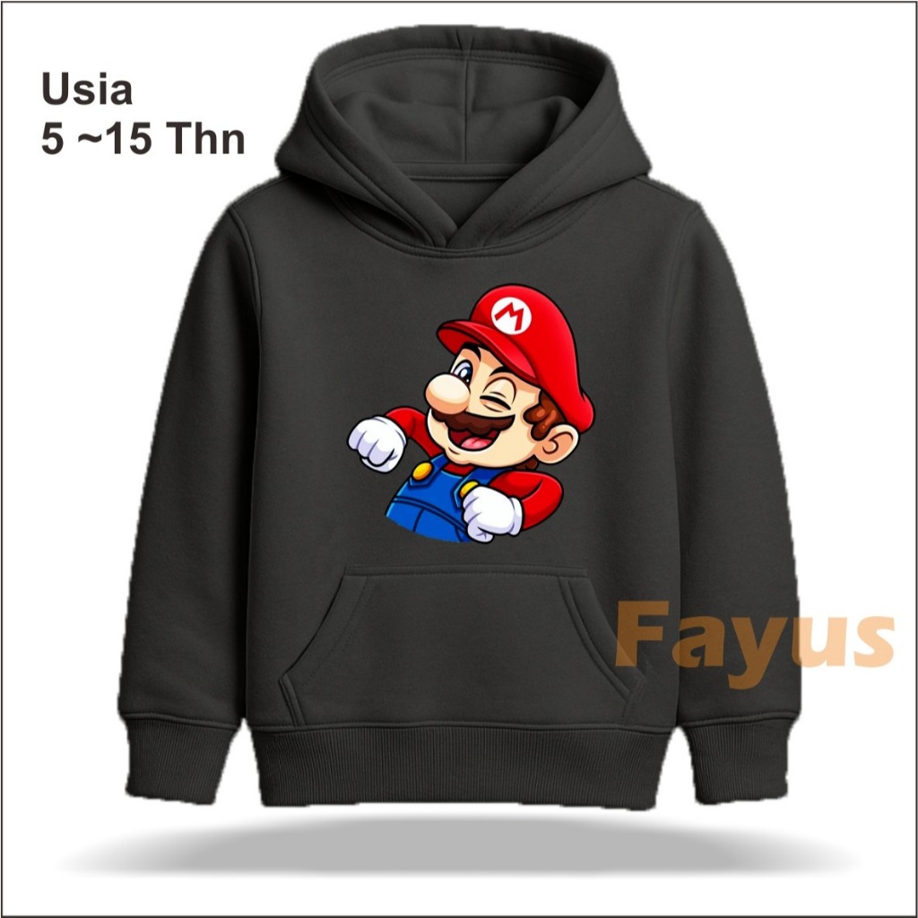Hoodie Anak Unisex Polos Warna Abu Hitam | Sweater Hoodie KARAKTER MARIO BROS Anak 6-15 Tahun