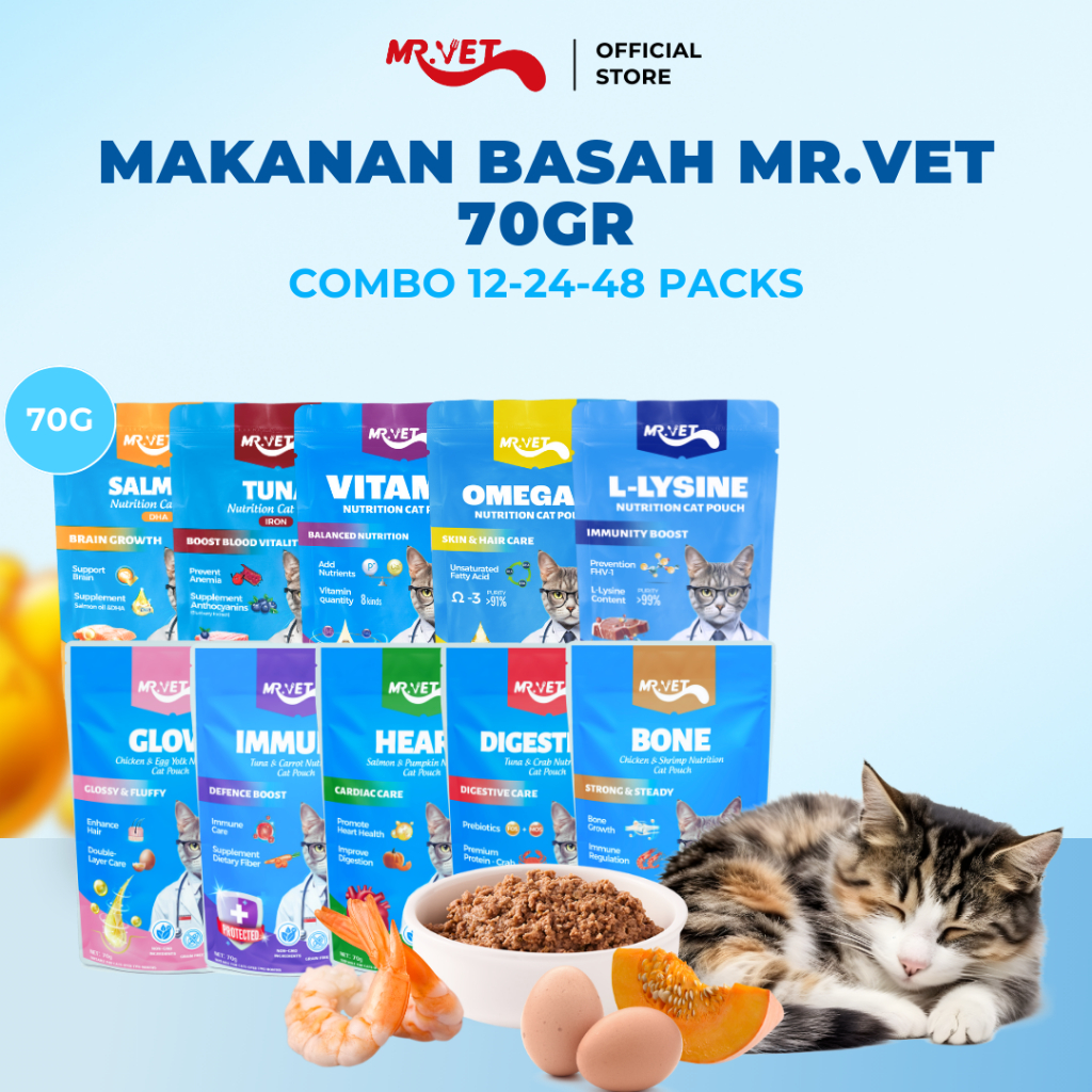 

23bagusmenshop - Mr. Vet Paket Makanan Basah Kucing Pouch 70gr Isi 12 24 48 Snack Cat Food Kitten &