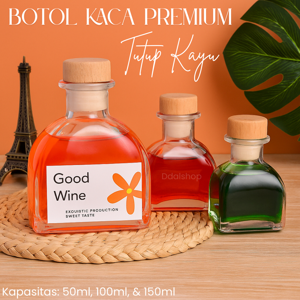 Botol Kaca Unik Estetik Premium Tutup Kayu | Bottle Kemasan Hampers, Souvenir, Minuman Syrup