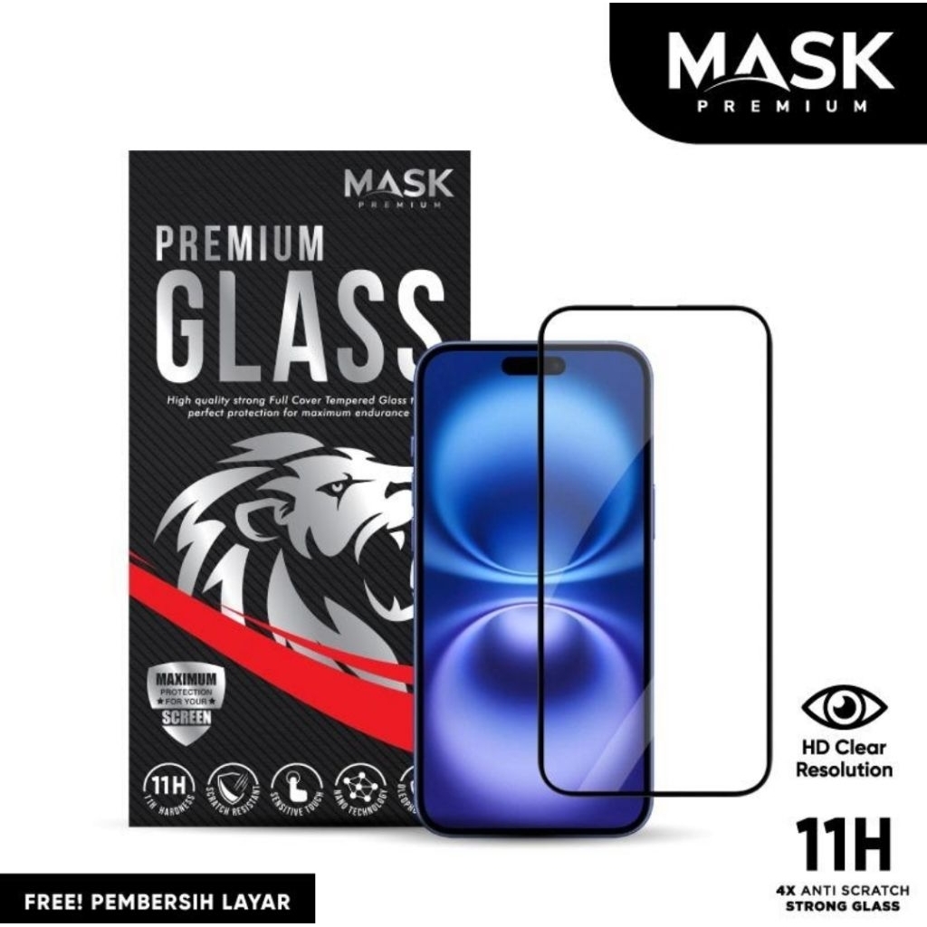 Iphone 17 , 17 Air , 16 , 15 Pro , Pro Max , Plus - Full Tempered Glass -  Mask Premium Original