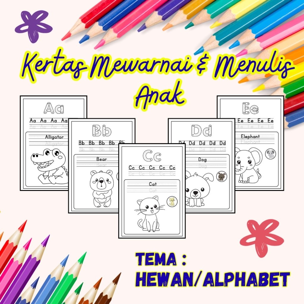 

26 LEMBAR KERTAS MENULIS MEWARNAI ANAK TEMA HEWAN HURUF ALPHABET (READY LANGSUNG KIRIM)