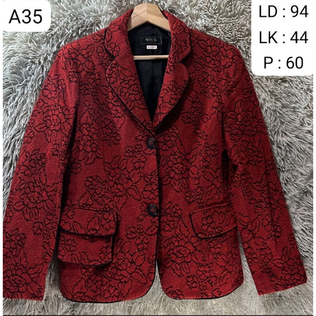 A35 Blazer wanita lengan panjang, warna merah, motif bunga-bunga