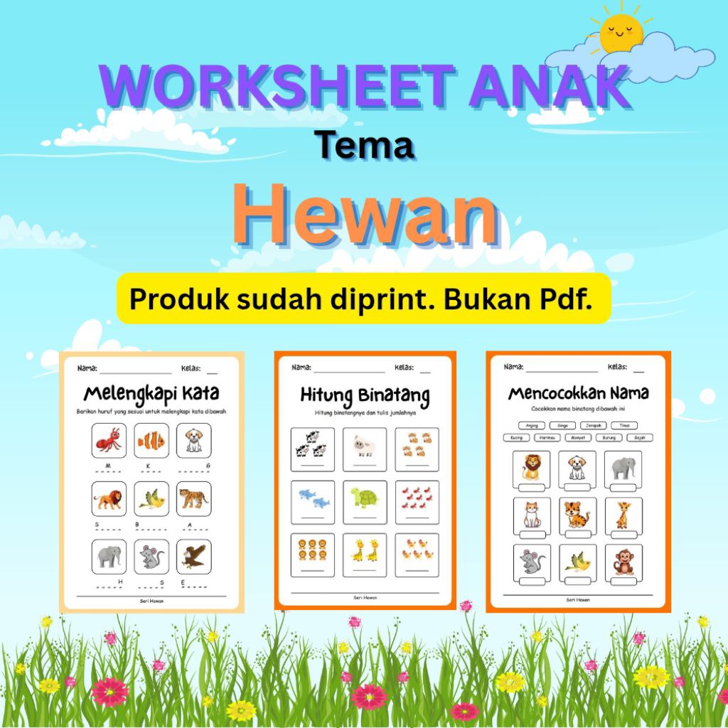 

Worksheet Anak Tema Hewan - 50 Lembar Kerja Berwarna untuk Anak PAUD TK SD - Bukan PDF - Kertas Ukuran A5 Tebal 80 Gsm