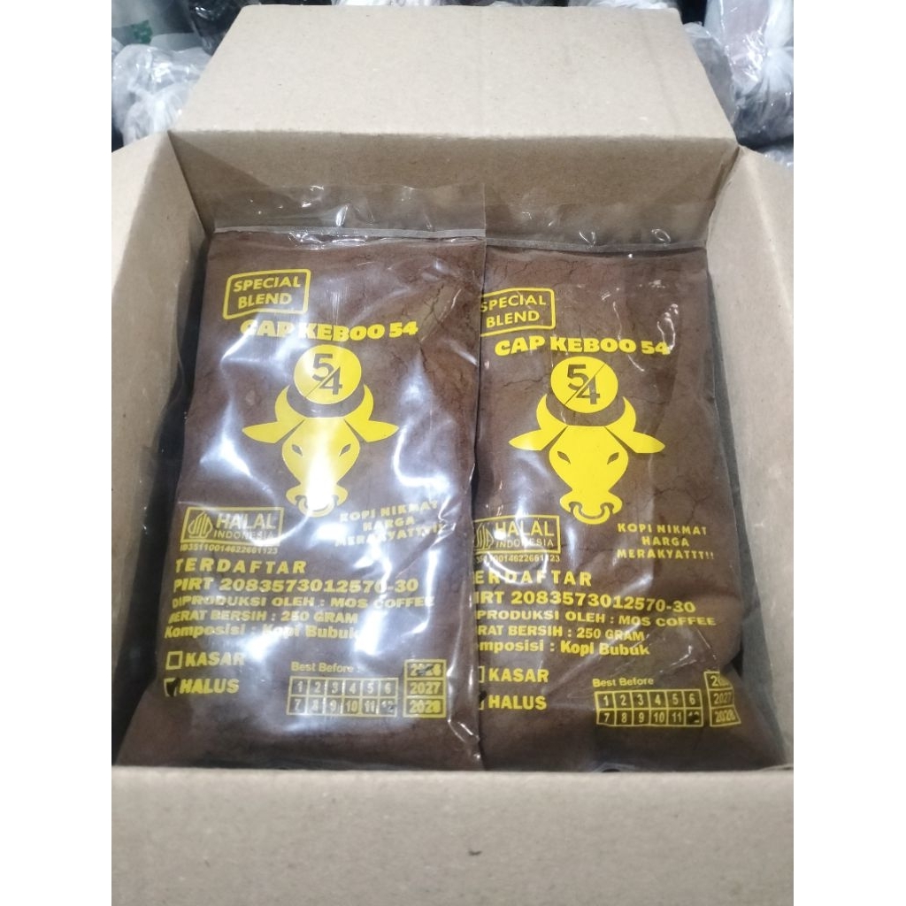 

PERKARTON KOPI BUBUK SPESIAL CAP KEBOO 54 KUNING 5 KG ISI 250 GRAM SEBANYAK 20 BUNGKUS COCOK UNTUK PEMULA UNTUK DIJUAL LAGI RESELLER WARUNG KELONTONG MAUPUN MADURA NGOPI SPECIAL HARGA MERAKYAT BOSKU