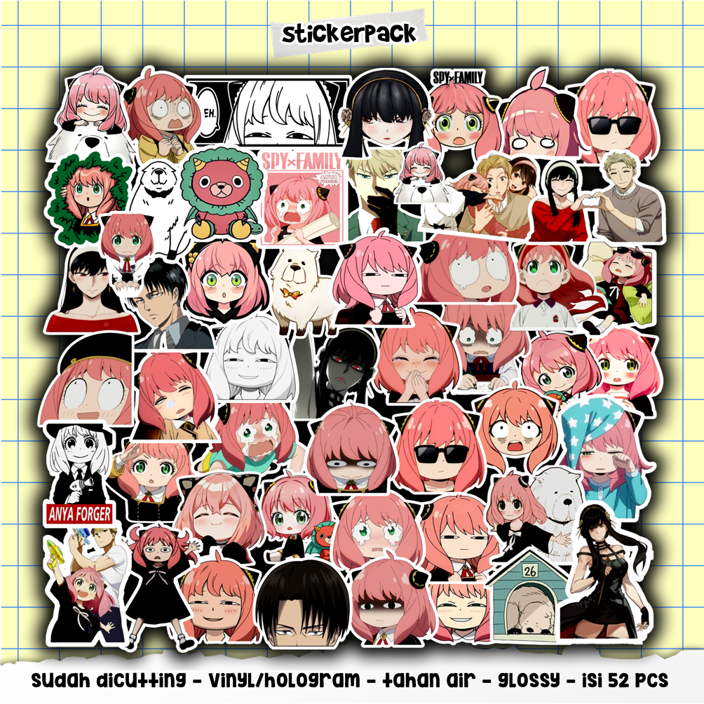 

52pcs stickerpack spyXfamily series, stiker anime vinyl & hologram tahan air