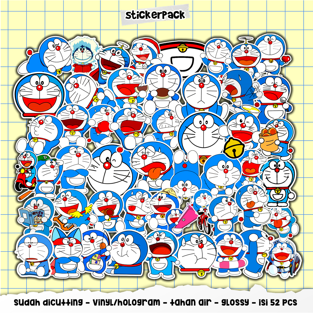 

52pcs stickerpack doraemon series, stiker vinyl & hoogram tahan air