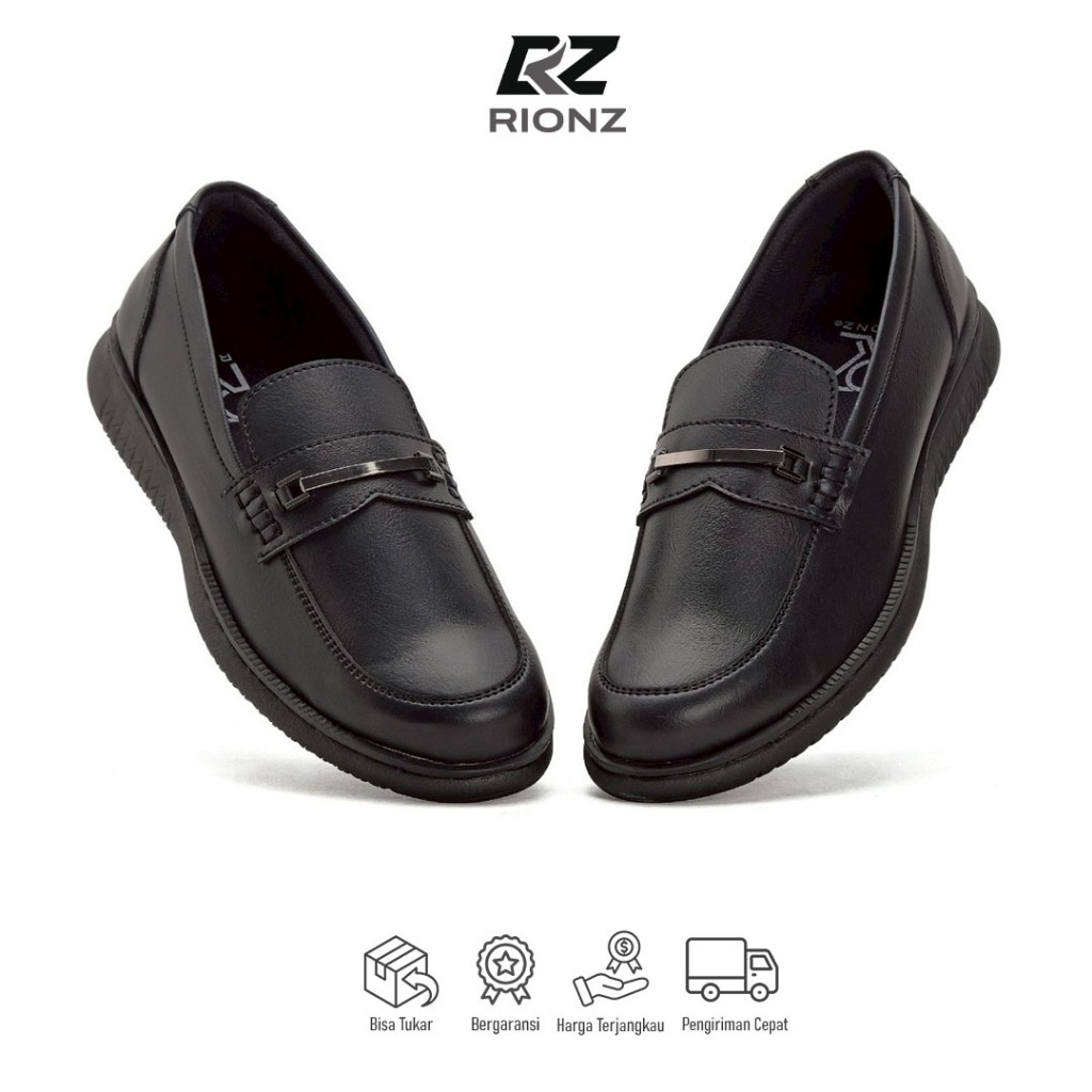 Rionz Bryant Black - Sepatu Formal Pria Loafer Pantofel Kulit PU Kerja Resmi Kantor Kuliah Kondangan