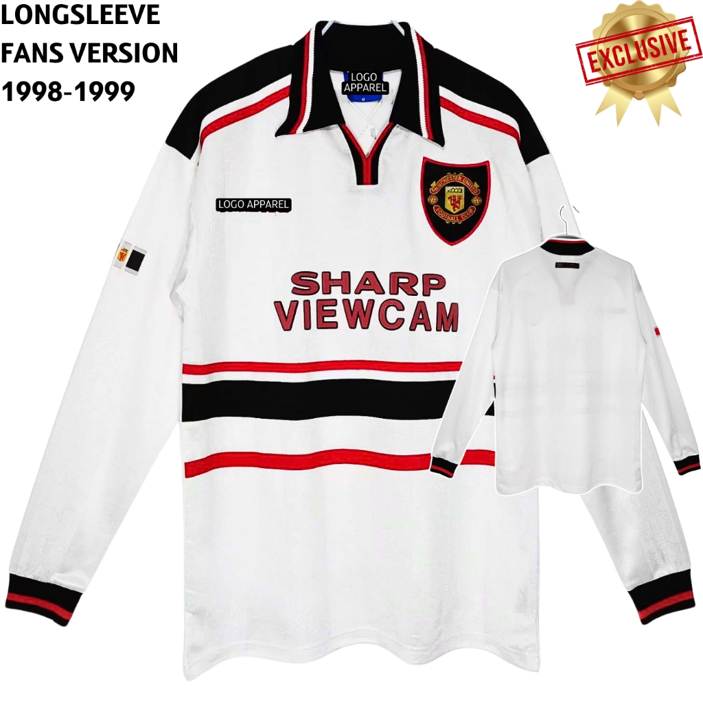 Longsleeve Jersey Retro Mnchstr Untd Away 1998 1999 LS Baju Bola Lengan Panjang Vintage MU Emyu Puti