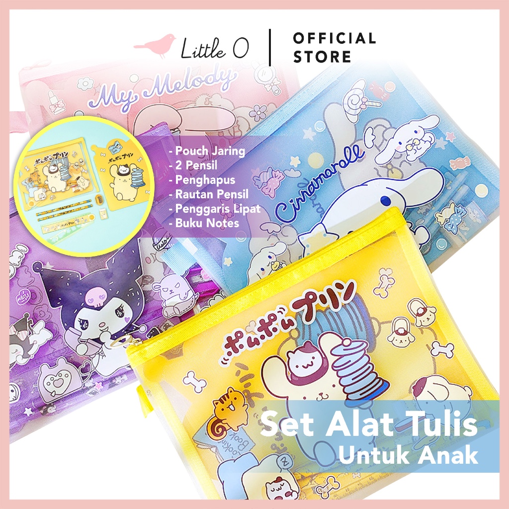 

LITTLE O Set Alat Tulis Sekolah Sanrio Cinnamoroll Kuromi Mymelody Pompurin Kado Anak Pouch Jaring