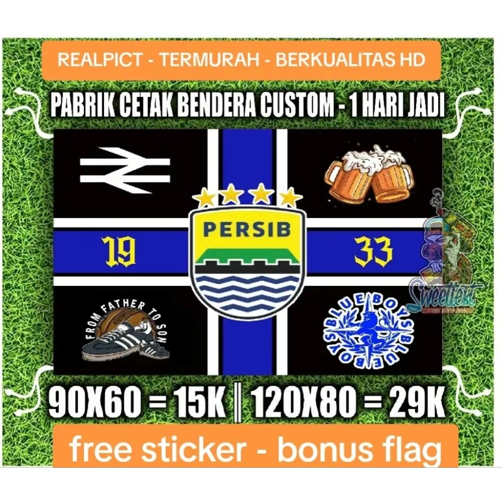 READY STOK + FREE STICKER BENDERA PERSIB BANDUNG, MINIFLAG PERSIB BANDUNG, GIANTFLAG PERSIB BANDUNG,