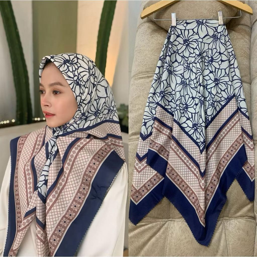 Hijab Seragaman Segiempat Voal Motif [NAVY]