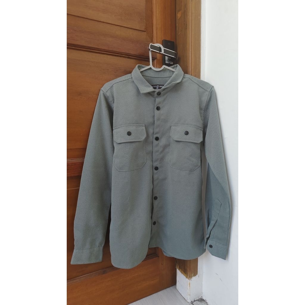 [PRELOVED Pribadi] Outer Kemeja Pria Trucker Herringbone StyleLelaki Sage M