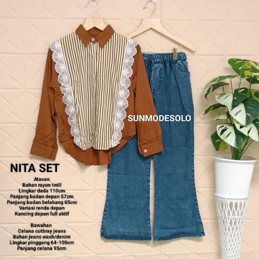 SUNMODESOLO||NITA SET BLOUSE RAYON SALUR KOMBI RENDA DAN CELANA CUTBRAY SNOW JEANS