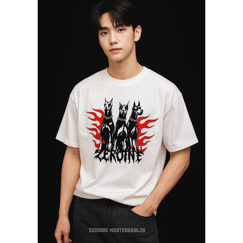 Kaos Distro Pria Kekinian – T-shirt Streetwear Premium Desain Graphic Tee Doberman Flames Keren untu