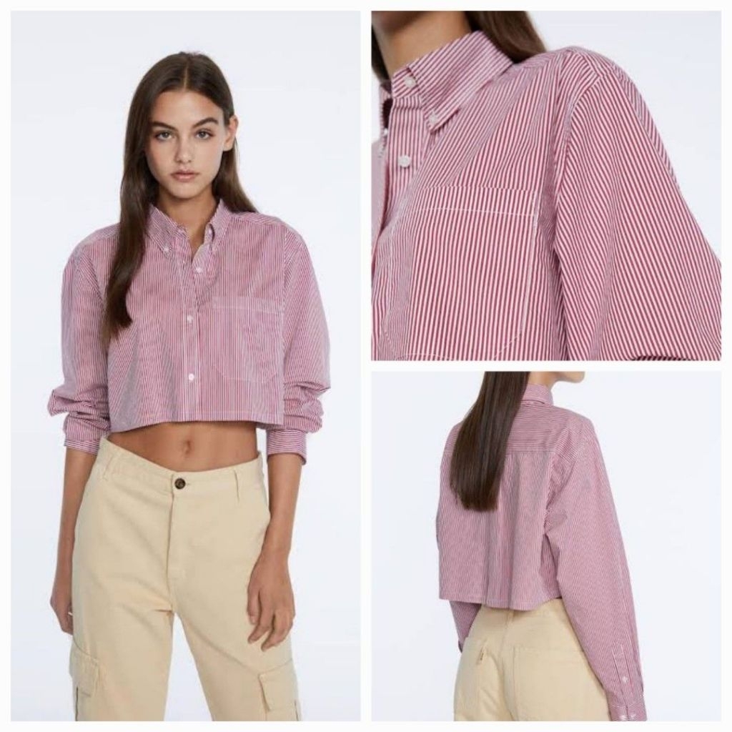 STRADIVARIUS KEMEJA CROPPED GARIS SHIRT BARU ASLI ORIGINAL