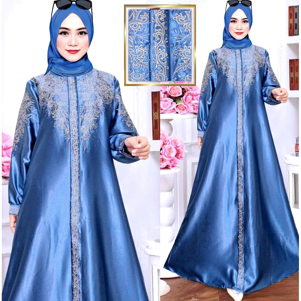 Gamis Muslimah Dewasa Elegan Polos Modis Trendy Gamis Crystal Gamis Pesta Bordir Mutiara Satin Premi
