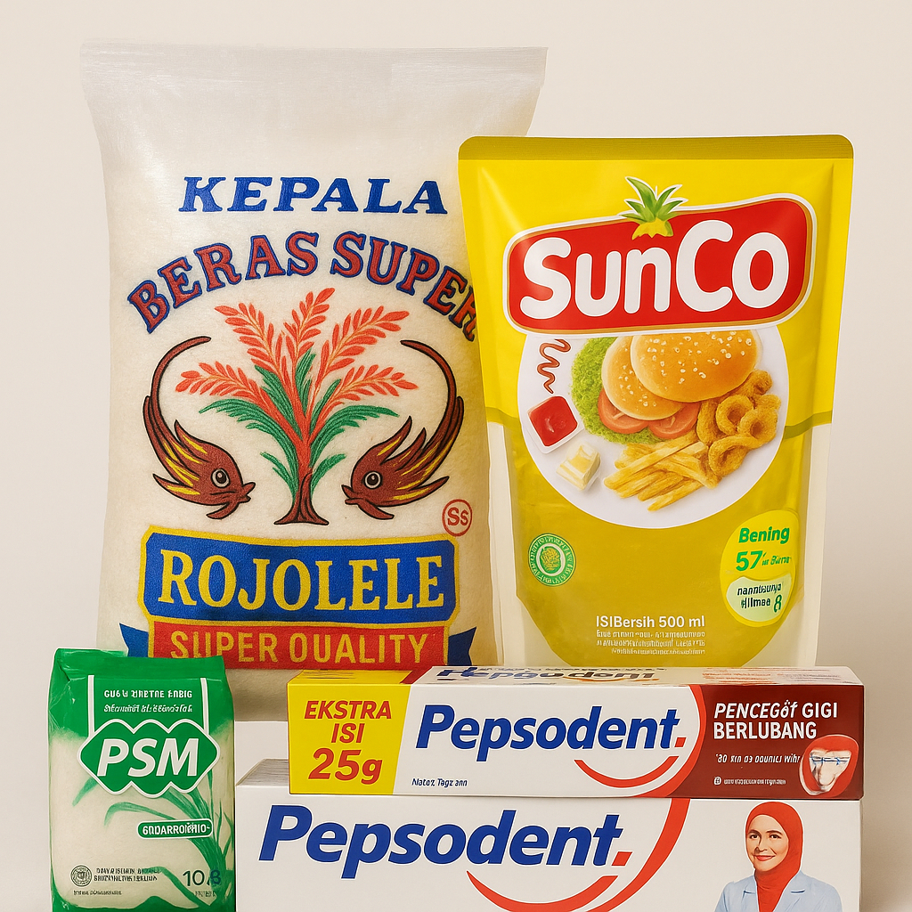 

Paket Sembako Beras Rojolele 5kg, Sunco 2L, Gula 1kg, Pasta Gigi Pepsodent 225gr