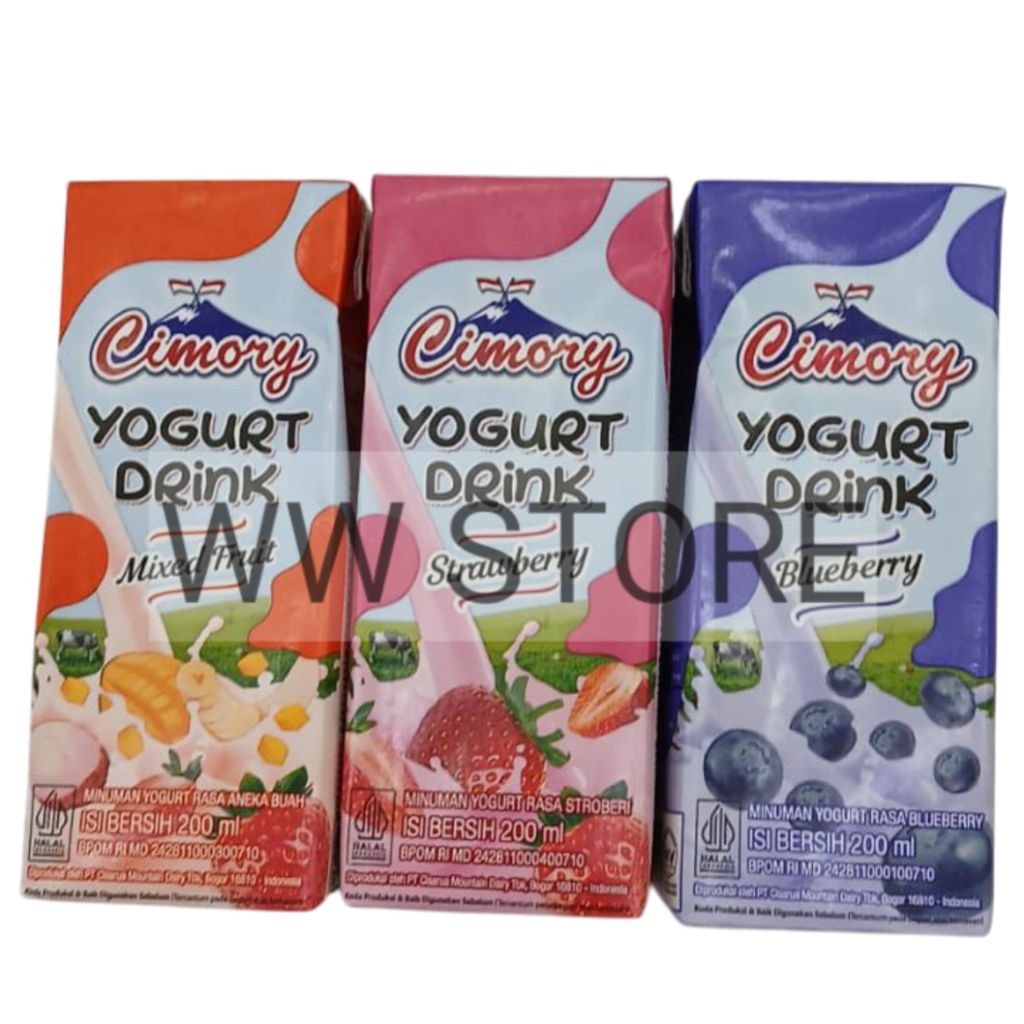 

Minuman yoghurt rasa aneka buah campur stroberi bluberi halal MUI Cimory YOGURT DRINK Strawberry / Blueberry / Mixed Fruit kemasan kotak box 200ml