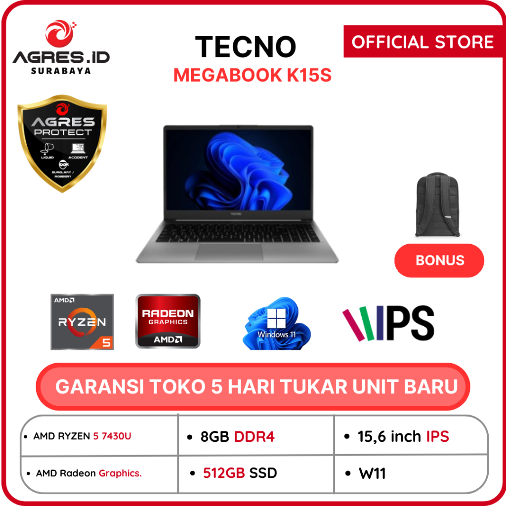 TECNO MEGABOOK K15S RYZEN 5 7430 8GB 512GB 15.6 FHD IPS Windows 11