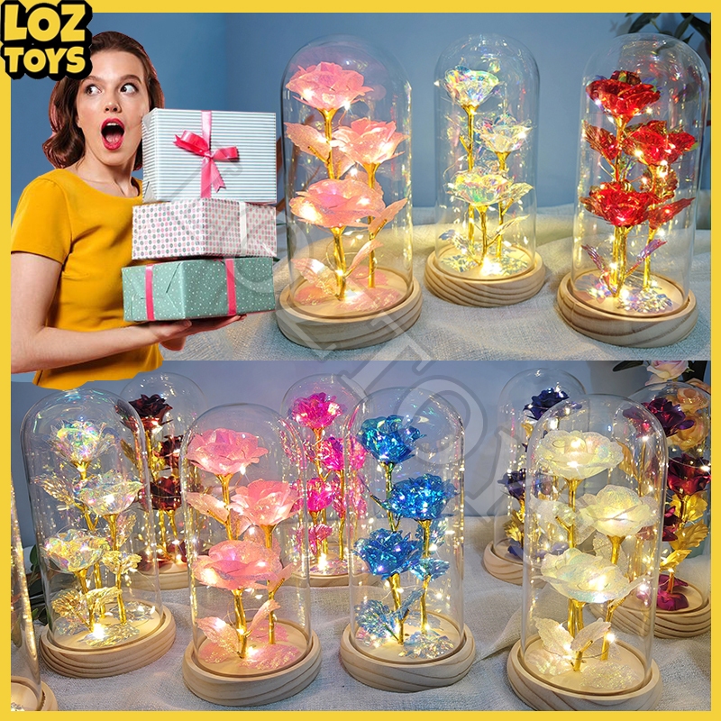 Lampu LED Hias 3 Mawar dalam Kubah Kaca Dekorasi Valentine Hadiah Romantis