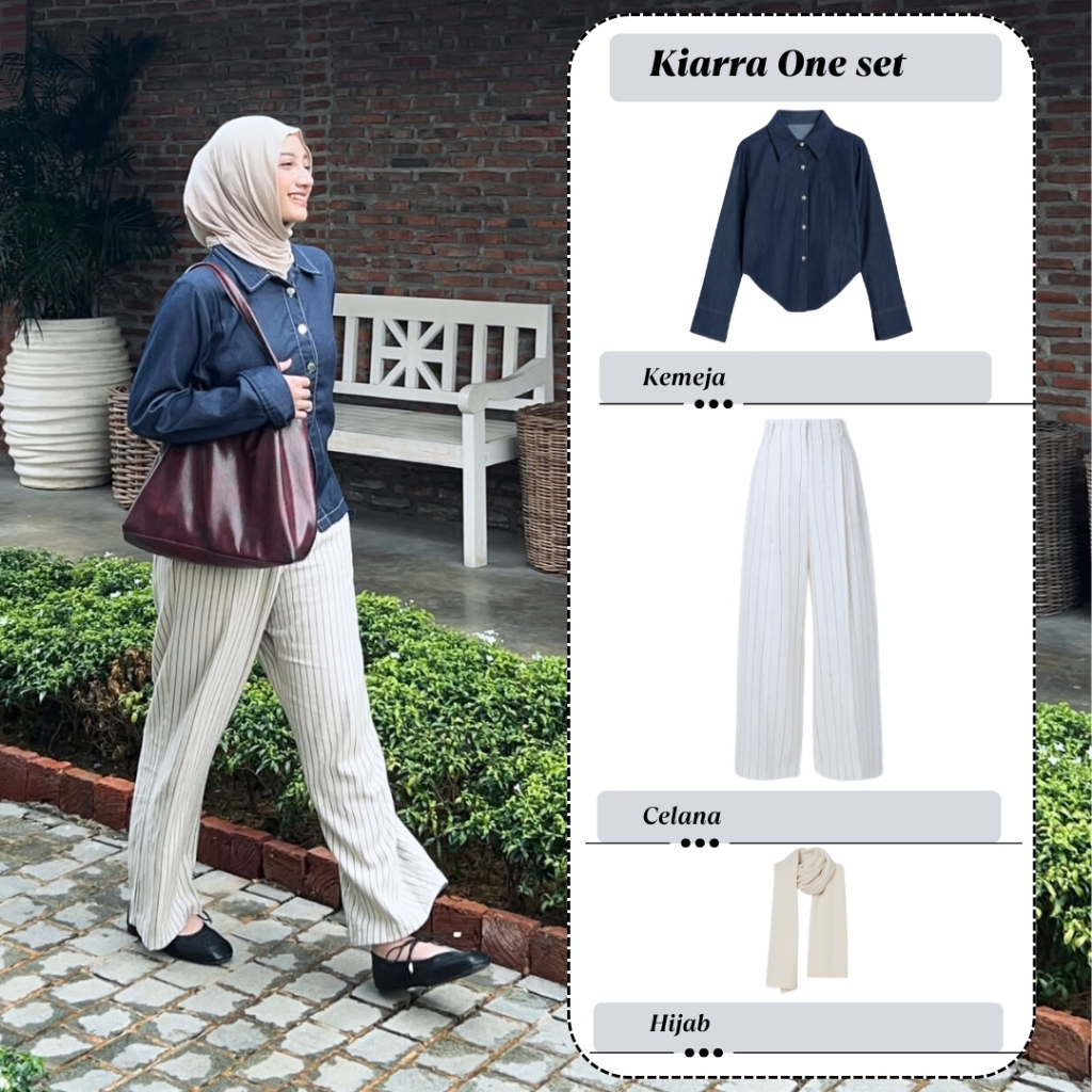 Setelan Wanita Kiarra(Kemeja,Celana,Jersey Pasmina) One Set outfit Hijab Ootd Remaja Y2k Retro Style