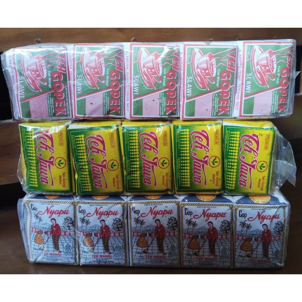 

PAKET ISI 3 SLOP/PACK TEH GOPEK, TEH JAWA PREMIUM DAN TEH NYAPU