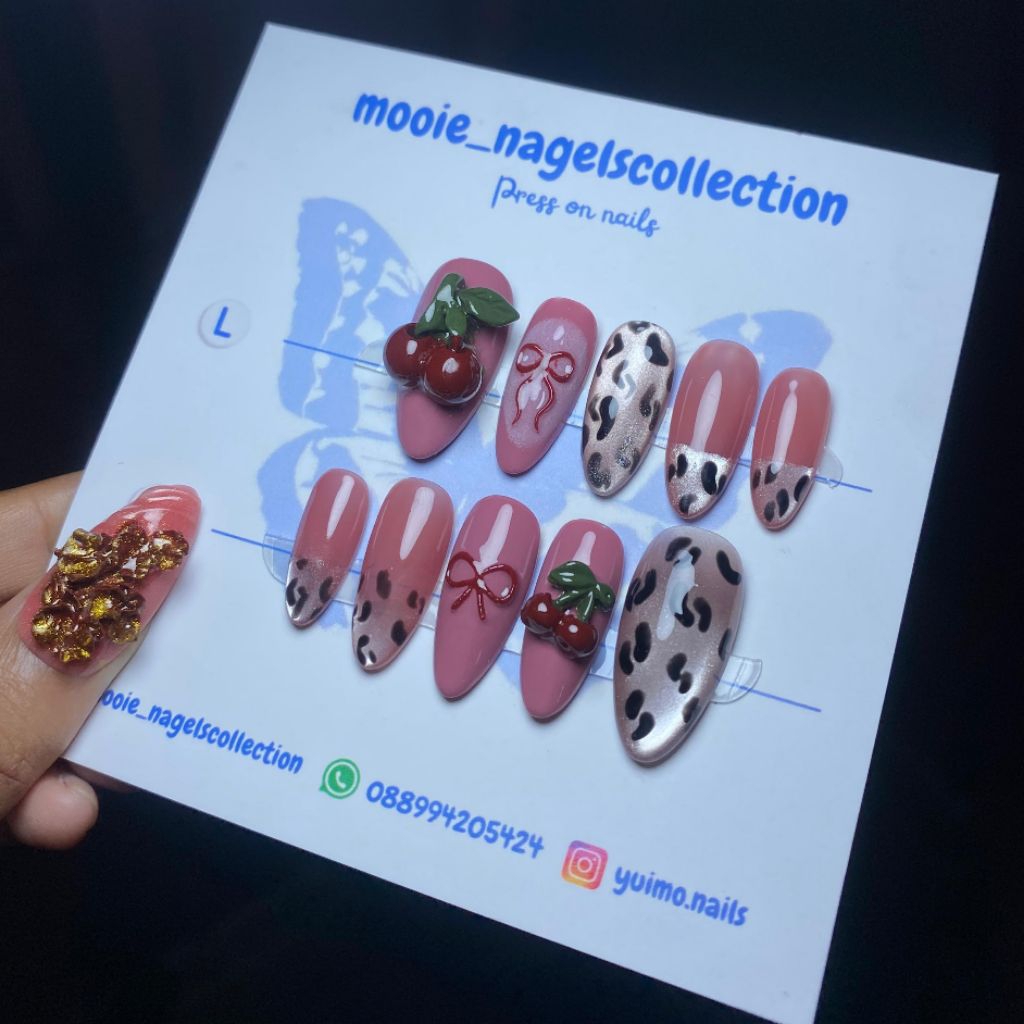 PRESS ON NAILS CHERRY DESIGN BY (D'NIA) AND LEOPARD MOTIF| KUKU PALSU 3D | KUKU PALSU FRENCH | KUKU 