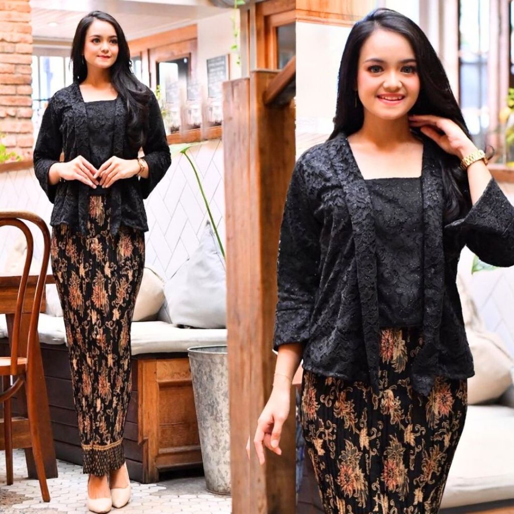 Kebaya Brokat Hitam/Kutubaru Kartini Bokat/Setelan Kebaya Wisuda Kutubaru Brokat Wanita