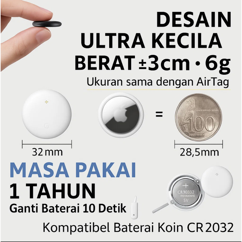 Airtag Apple GPS Tracker Kompatibel dengan Find My - GPS Mini Pelacak Lokasi untuk Mobil Kunci Tas H