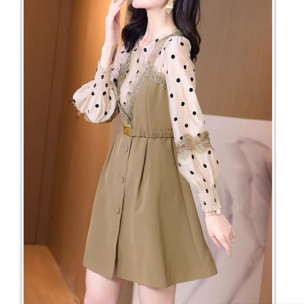 DRESS CARNICE BELTED MINI DRESS Three M 6579 | model lengan panjang motif polkadot IMPORT