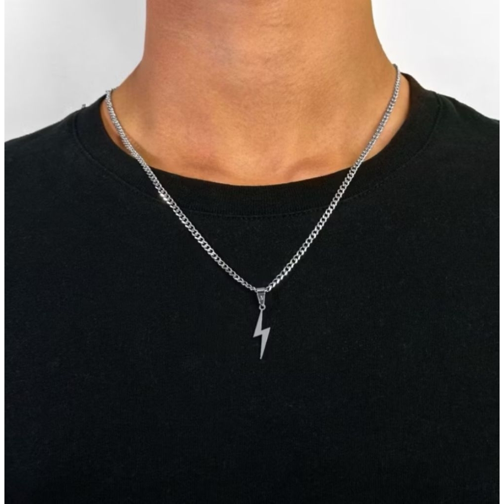 Kalung Titanium Silver Liontin Petir Anti Karat