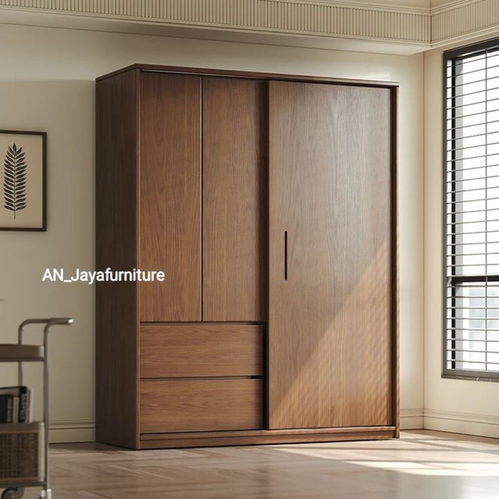 lemari pakaian minimalis kayu jati pintu geser