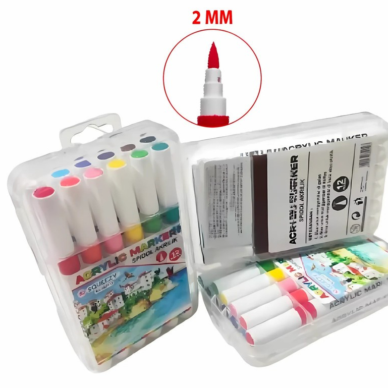 

1 Set Acrylic Marker 12W Spidol Akrilik 12 Warna Squeezy