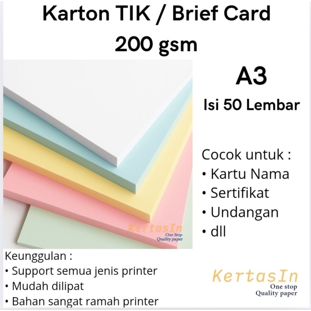 

Karton TIK / Brief Card 200 gsm A3 Isi 50 Lembar Warna Pastel – Karton Manila / Brief Card Tebal - Cocok Untuk Cover, Undangan, Sertifikat dan Kartu Nama.
