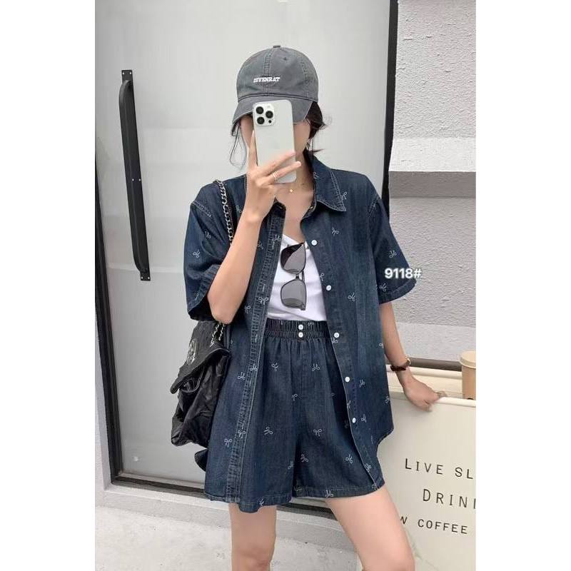 T100 Setelan Jeans Pendek Ribbon | Setelan Kemeja Wanita Denim Premium