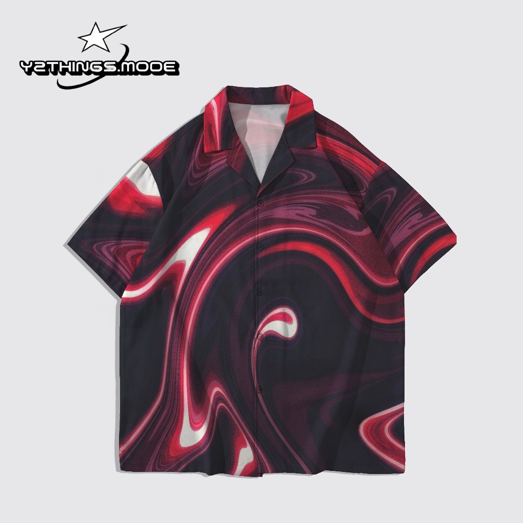 Y2THINGS Kemeja Lengan Pendek Motif Abstrak Wavy Merah Hitam – Shirt Aesthetic Psychedelic Kekinian 